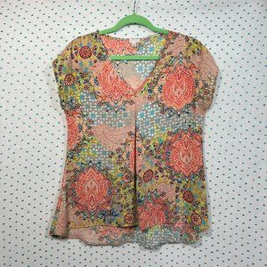 Spense Floral/Paisley Print Short Sleeve V-Neck Blouse
